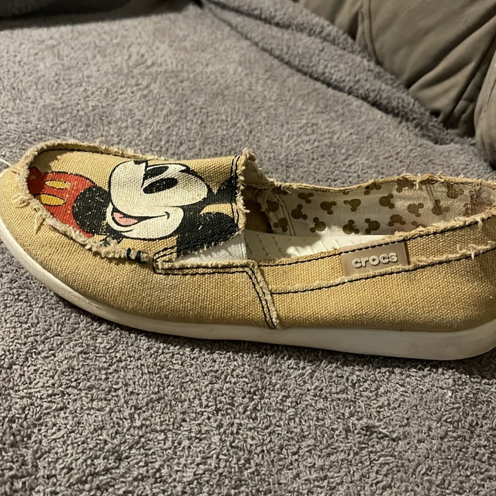 CROCS Tan Mickey Mouse Canvas Slip-On Flats - Picture 5 of 9